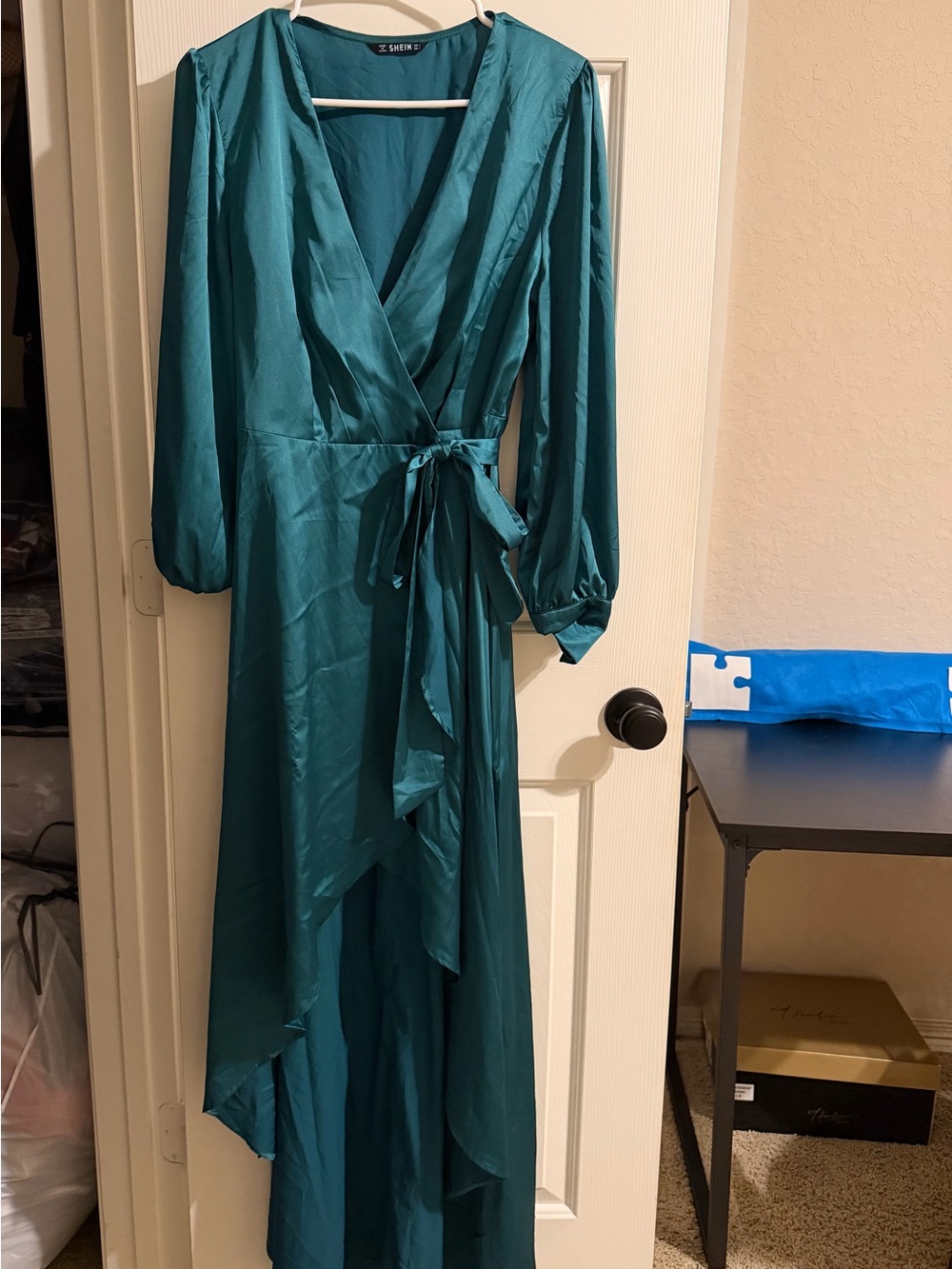 Emerald Green Satin Wrap Maxi Dress with Tie Waist